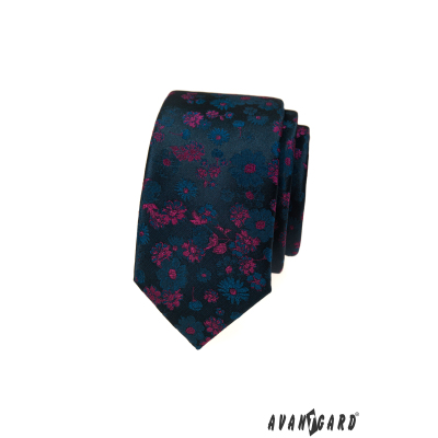 Dunkelblaue schmale Krawatte mit Blumenmuster in Rosa