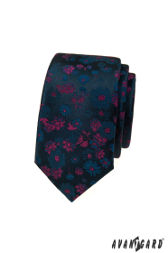 Dunkelblaue schmale Krawatte mit Blumenmuster in Rosa